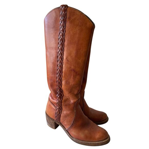 Vintage 70s Miss Capezio Brown Leather Boho Western Cowgirl Campus Boots 6 / 6.5 - Picture 1 of 8